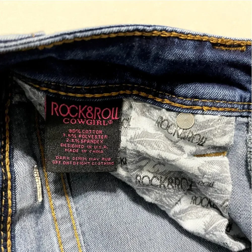 Rock & Roll Cowgirl High Rise Palazzo Flare‎ Jeans Dark Wash Slit Hem - Size 27